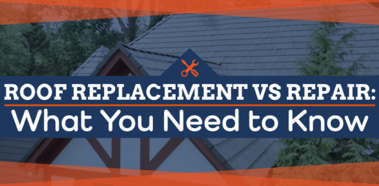 Image of a roof on a house and text: Roof Replacement vs Repair: What You Need to Know